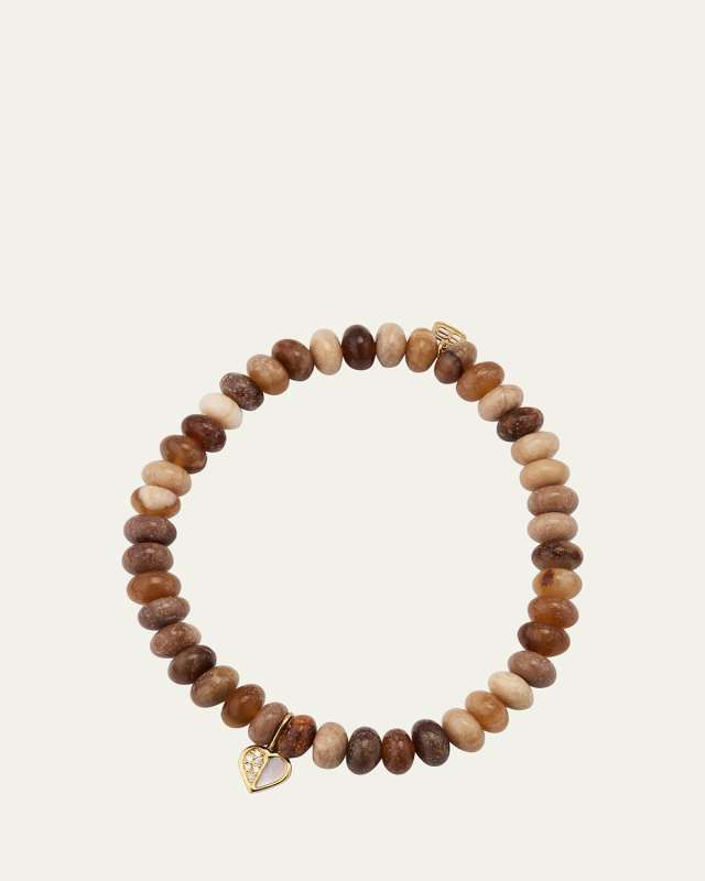 14K Diamond Heart Charm and Wooden Opalite Bead Bracelet